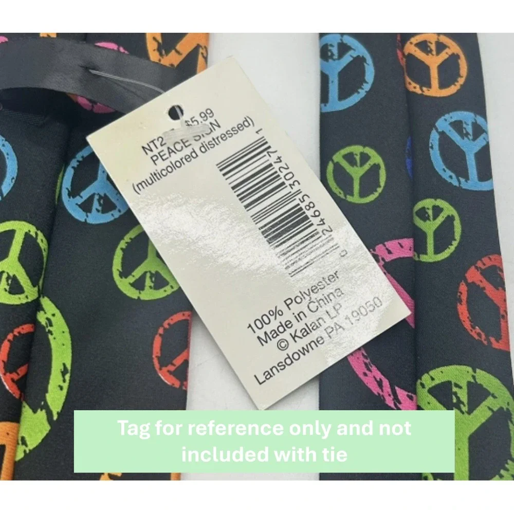 Mens Tie Black Peace Sign Rainbow Print Distressed Hippie Boho Novelty Polyester